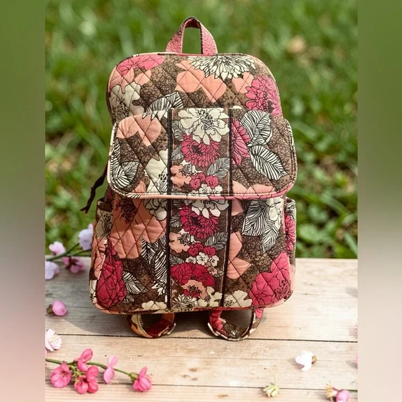 Vera Bradley Quilted Floral Mini Backpack in Pink and Brown or “Mocha Rouge” EUC - Picture 3 of 15